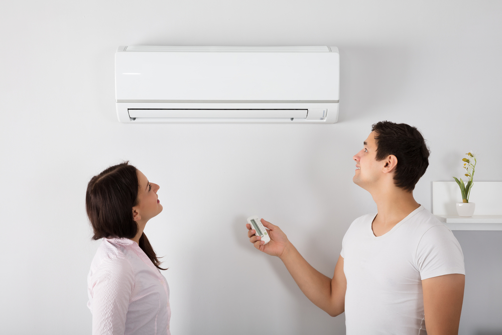 Man and woman using remote to turn on heat pump in their New Orleans home.